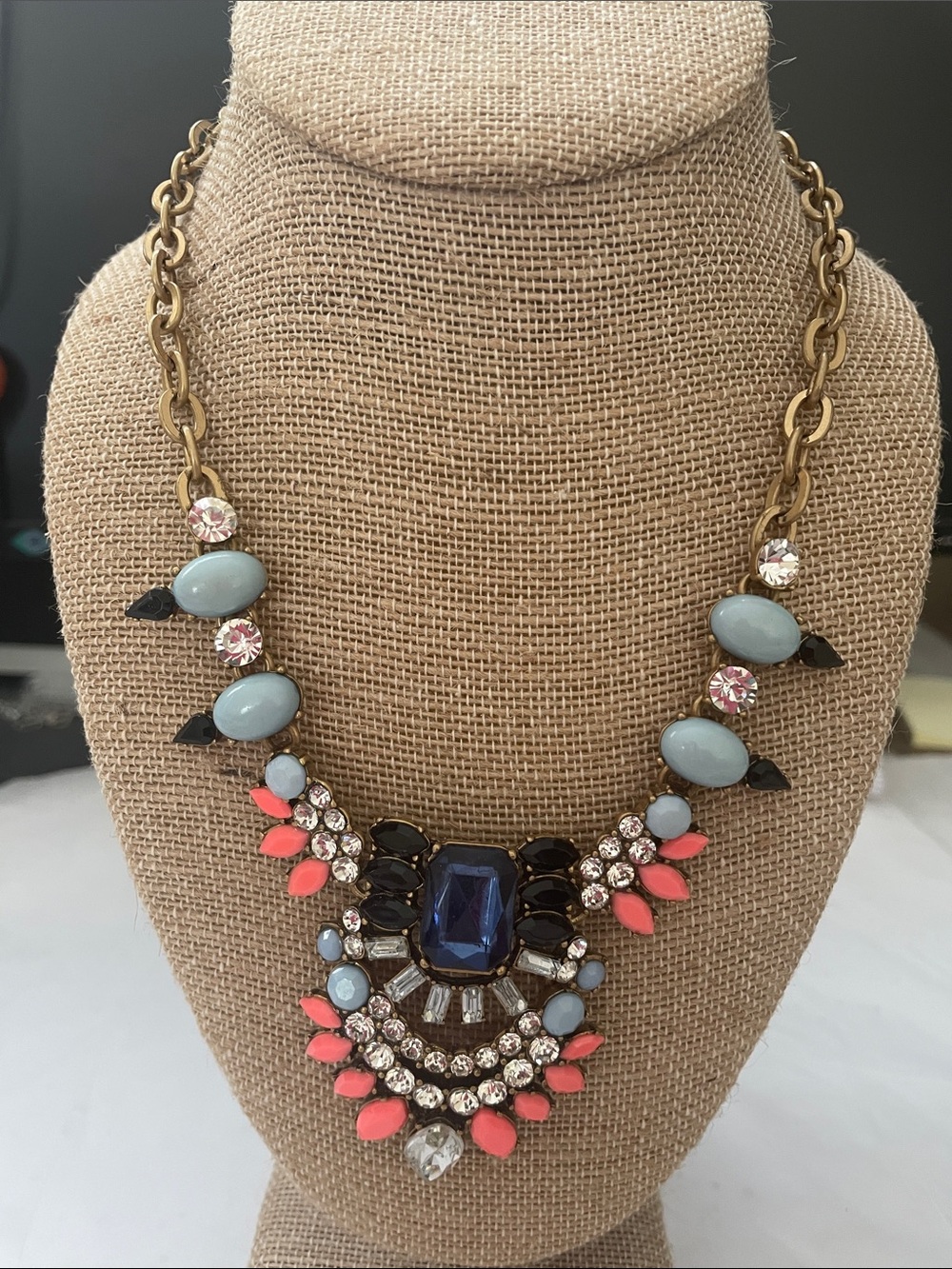 J. Crew Gold-Tone Necklace with Navy, Coral & Light Blue Stones